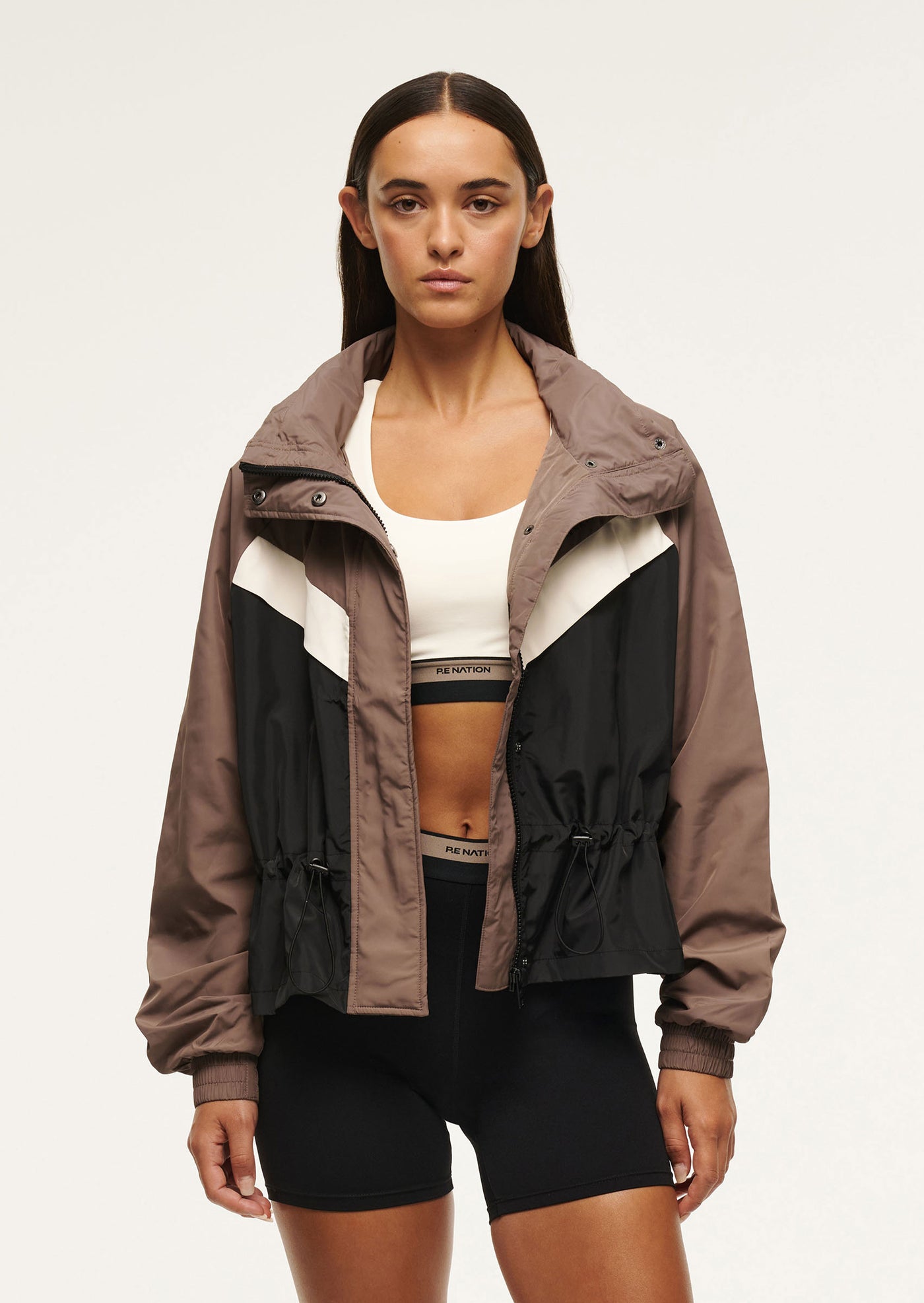 Shelter Jacket in Fossil by P.E Nation Womens Brown Spray Jacket