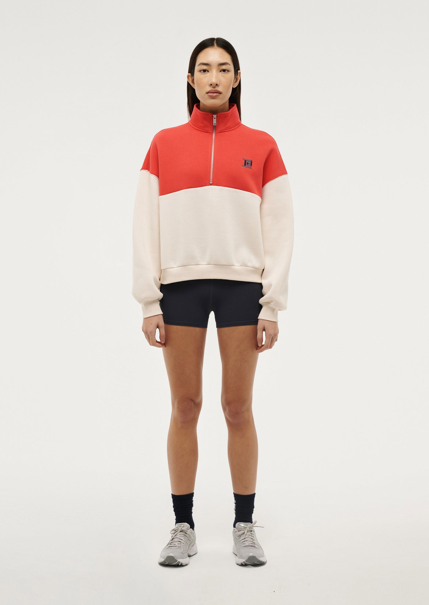 Centre Field Sweat in Poppy Red by P.E Nation Red Creram Womens Quarter Zip Fleece Top