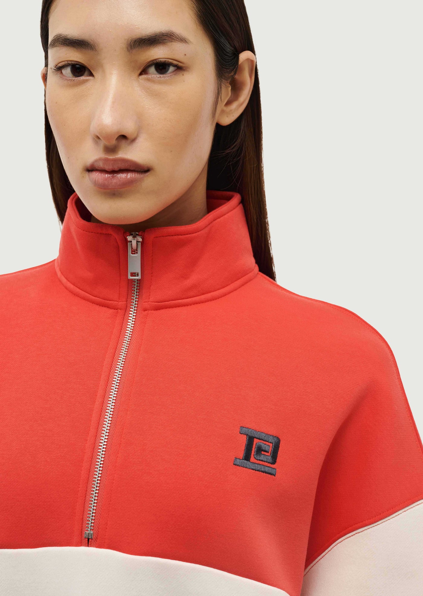 Centre Field Sweat in Poppy Red by P.E Nation Red Creram Womens Quarter Zip Fleece Top