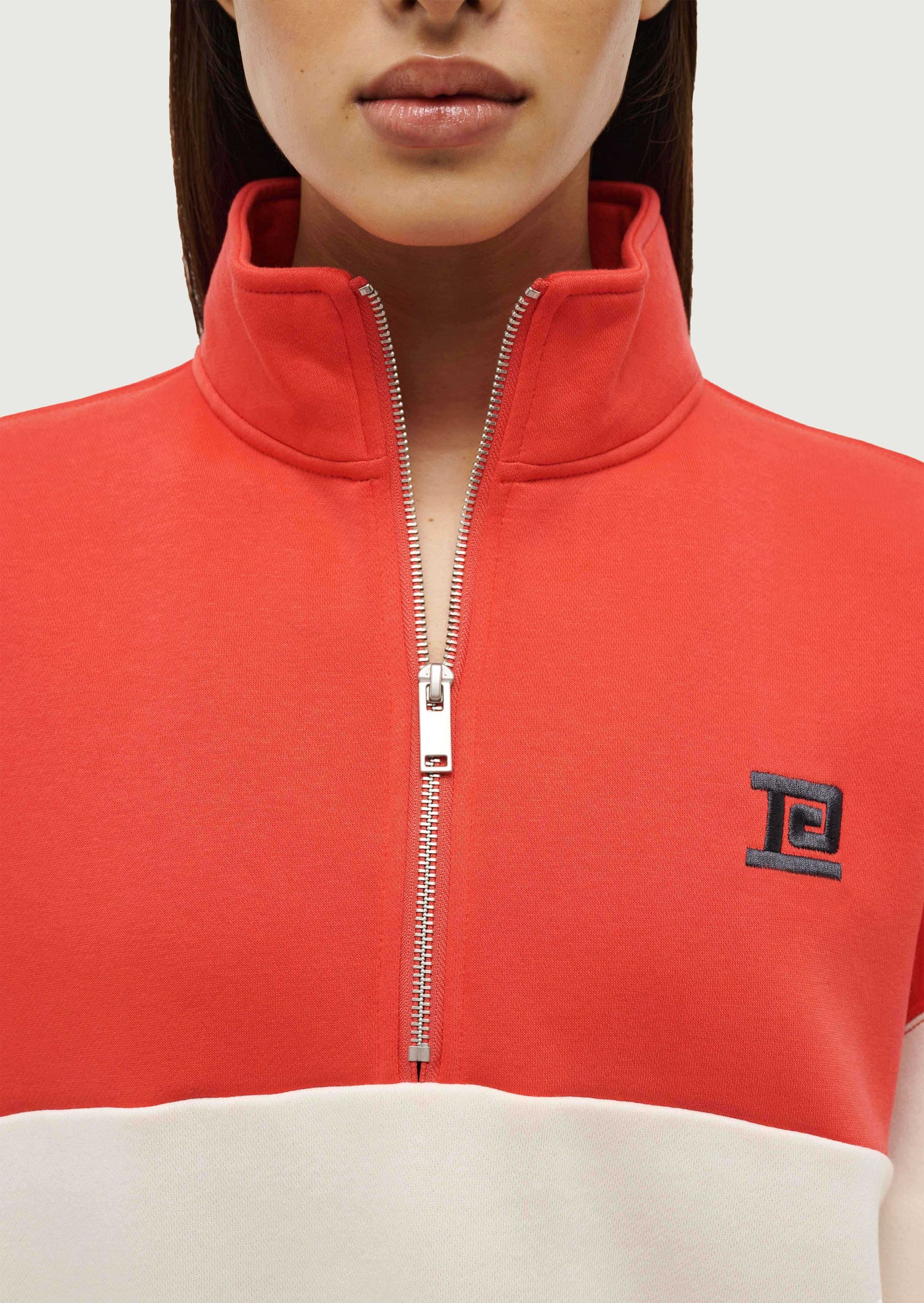 Centre Field Sweat in Poppy Red by P.E Nation Red Creram Womens Quarter Zip Fleece Top